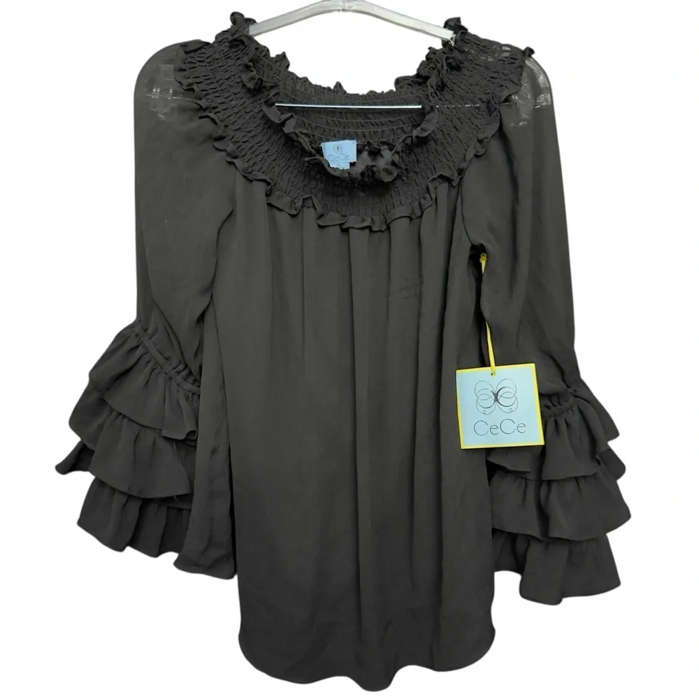 CeCe XS Black Smocked Neck Ruffle Sleeve Blouse Top NWT - Picture 1 of 8
